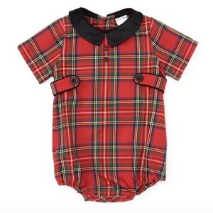 Edgehill Collection Baby Boys Short Sleeve Velvet Collar Plaid Bubble